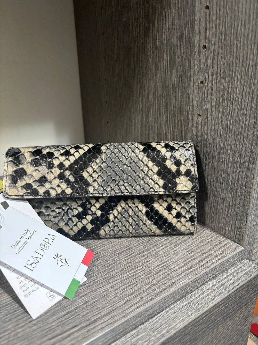 Python-Print Leather Wallet Clutch in Black and Cream
